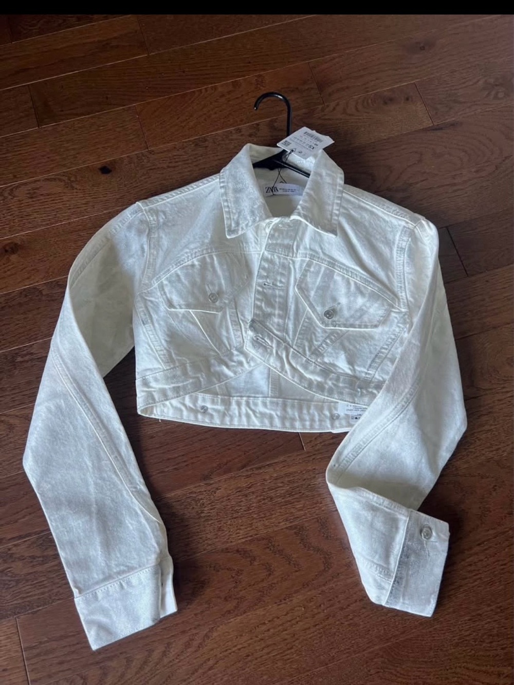 Zara White Cropped Metallic Denim Jacket